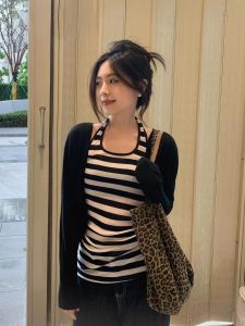 Áo Ba Lỗ Không Tay Mùa Hè Ôm Vừa Vặn Cho Nữ Thiết Kế Cổ Treo Kẻ Sọc Kiểu Pháp Không Tay Áo Nữ