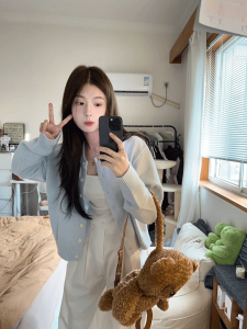 Laid-back Style Milk Blue Early Autumn New Simple Knitted Open Cardigan Sweater Women Loose Long Sleeve Top Korean Version Commute Style