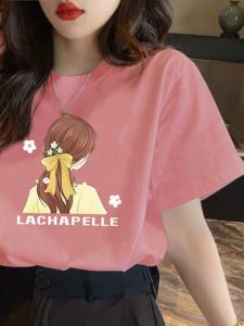 Fashionable Short Sleeve T-Shirt Womens Summer Loose Top Ladies Base Shirt Korean Version Shoulder Print Polyester Fiber