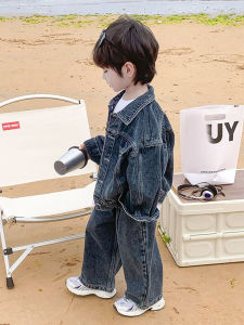 Boys Spring Fashionable Denim Set Two-Piece Suit Wide Leg Pants Cool Street Style Childrens Clothing Korean Version Regular Thickness