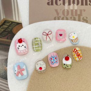 Handmade Hand-Painted Nail Art Cat And Dog Design Summer  Style Wearable False Nails Bright Color D32 Other Brand Nail Tips