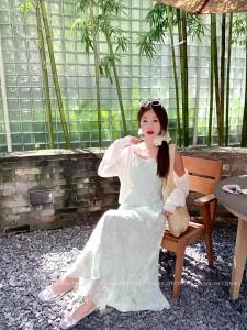 New Chinese Style Green Texture Dress With Long Sleeve Cardigan Set