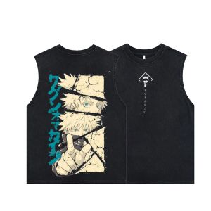 Bandai | Mens Tank Tops Anime Gojo Satoru Print Graphic Summer New Gym Clothing Man Sleeveless Shirt Vintage Washed Oversized Vest Y2k