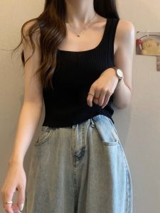 plus Size Knitted Short Crop Top Womens Spring Summer Slim Fit Square Collar Mini Strap Vest Fashionable Commute Style Base Shirt