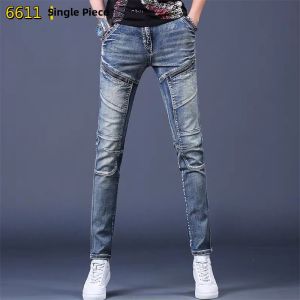 Customizable Patchwork Jeans Retro Japanese Style Mens Fashion Slim Fit Elastic Long Pants High Waist Five Pockets Youth Pop