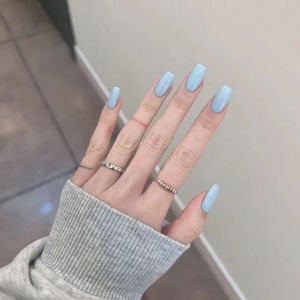 Hand-Worn Nail Baby Blue European American and Japanese Style Pure Color White Monochrome Phototherapy Fake Nail Patch Finished Product Detachable