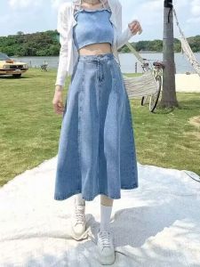 Slimming Blue Denim Skirt High Waist Casual Style for Teen Girls Spring Summer New Arrival Cotton Polyester Blend Knitted Dress