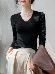 GEBEISHANG | Slim-Fitting Deep V-Neck Long Sleeve Womens T-Shirt