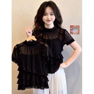 AIYITI | Lightweight Black Sheer Short Sleeve Blouse for Plus Size