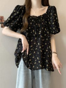 เสื้อเชิ้ตผ้าชีฟองแขนสั้นคอเหลี่ยมสไตล์ฝรั่งเศสสำหรับผู้หญิงไซส์ใหญ่ในช่วงฤดูร้อน เสื้อผ้าเด็กผ้าลายดอกไม้สีเหลือง