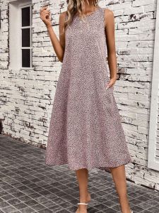 Sweet Summer New round Neck Leopard Print A-Line Midi Sleeveless Vest Dress Womens Loose Waist Soft Polyester Fiber