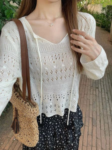 เสื้อถักแขนยาวผู้หญิงฤดูใบไม้ผลิและฤดูร้อนบางใหม่สไตล์เกาหลี ผ้าไหมน้ำแข็ง คอวี ปกเสื้อ แฟชั่นสุดเก๋