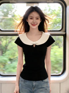 Doll Collar Hollow Out Black Sleeveless Summer Slimming Bow Short Straight Shoulder T-Shirt