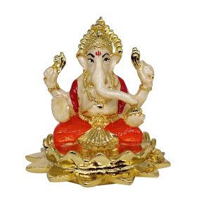 Pearl White Kamal Ganesha - Pure 24kt Gold Plated Solid Idol - Size: 8cm x 7cm - “Lord of the People”