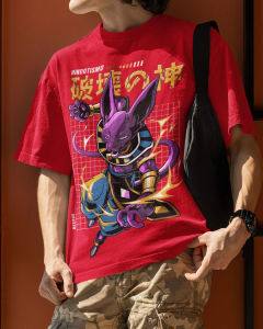 Mens Black T-Shirt with God of Destruction Beerus Graphic Purple Anime Character with Yellow Lightning Effects Design
