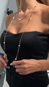 KunJoe Vintage Imitation Pearl Crystal Long Chain Necklace Women Elegant Adjustable Gold Color Sweater Chain Jewelry Accessories
