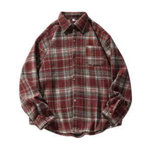 Retro Plaid Long Sleeve Casual Shirt Mens Loose Fit Turn-down Collar Pocket round Hem Japanese Style Autumn Outerwear
