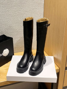 รองเท้าบูทยาวถึงเข่าสำหรับผู้หญิง ทรงขี่ม้า ฤดูใบไม้ร่วง/ฤดูหนาว ส้นหนา หัวเข็มขัด รองเท้าบูทหุ้มข้อ รองเท้าหนัง