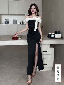 Evening Gown Pure Desire Slim Fit 3D Butterfly Knot Color Block Slimming New Style Ladys Long Black One Shoulder Dress