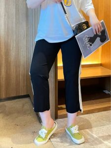 Plus Size Fat mm 150.00kg Side Stitching Stripes Asymmetrical Casual Pants Womens Summer Elastic Waistband Slimming Straight-leg Cropped Pants 2