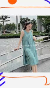 Đầm bầu xinh (HANNA 40-70kg) đầm suông mặc nhà mặc đi chơi đũi thấm mồ hôi cởi nút cho bé bú mặc bầu và sau sinh