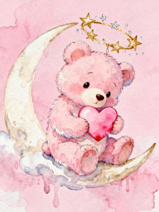 500 1000 1200 2000pcs Jigsaw Puzzle Pink Teddy Bear On Crescent Moon With Golden Stars Celestial Scene For Adult Home Decor Gift