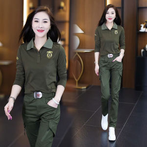 ชุดกีฬาลำลองสำหรับผู้หญิง แขนยาว 2 ชิ้น ชุดทำงาน กระโปรงทรงตรง กระโปรงยาว ชุดลำลองฤดูใบไม้ผลิและฤดูใบไม้ร่วง