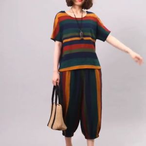Women Cotton Sets Summer Loose Retro Stripe Suits Short Sleeve Tops and Pants Casual Two Piece Set
