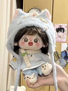 Adorable Cat-Themed 20cm Cotton Doll Clothes Soft Plush Toy Outfit Changeable Light Blue Doll Suit Japanese Style Home Decor
