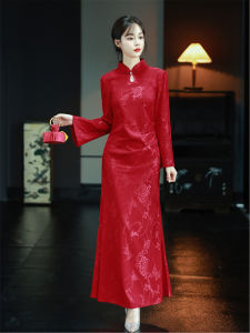 Red Traditional Chinese Style Wedding Morning Robe Long Sleeve New Bride Dress for Wedding Ceremony And Banquet Reception