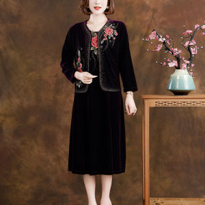 Heavyweight Silk Velvet Two-Piece Set with Embroidered Rhinestones for Mother of the Bride Midlife Celebration Elegant Dresses