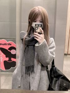 CHANGTONG | Korean Style Elegant Grey Cashmere Double Face Coat