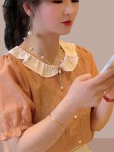 Summer 2024 Trendy Splice Cotton Linen Shirt Breathable Slimming Short Sleeve Fashionable T-Shirt Small Shirt Commute Simple Style