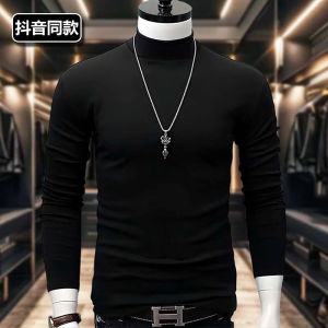 Fashionable Mens Long Sleeve Base Shirt Half High Neck Double Sided German Velvet Autumn Winter Warm City Style Korean Fashion