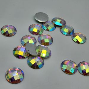 DIAMON RESIN KRISTAL MOTIF BENTUK BULAT RATA UKURAN 20 MM WARNA PUTIH PELANGI AB KUALITAS BAGUS KILAU PER LUSIN