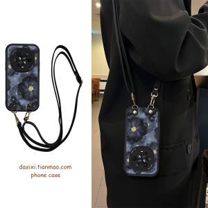 Huawei Honor Magic7 Phone Case Teal Tea Flower Crossbody Womens Edition Premium Leather Silicone Lanyard Anti-Fall