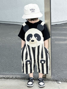Cute Panda Cartoon Boys Summer Outfit Cotton Blend Striped Overalls Short Sleeve Top And Shorts Set Kids Casual Wear