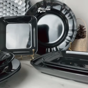 RISSHIN Seri Piring Polos Hitam 100% Melamin Food Grade Serbaguna Awet Kuat Tahan Panas Aman SNI