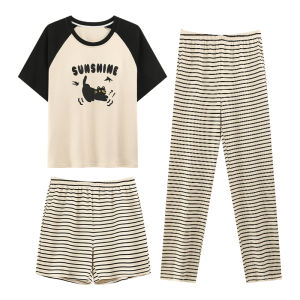 Miiow | Cat Lady Three-Piece Set Womens Summer Thin Short Sleeve Sleepwear With Chest Pad Sweet Style Cute Nightgown Cotton Spandex