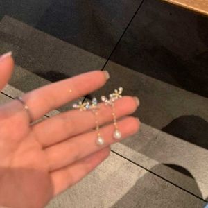 Fresh Floral Pearl Tassel Earrings Women No Piercing Clip-On Unique Design Luxury Light Fashion Jewelry Ear Cuffs