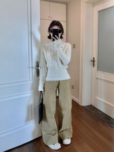 White Knitted Sweater And Loose Long Pants Set for Women Comfortable Soft Casual Style Fashionable Breathable Two-Piece Suit