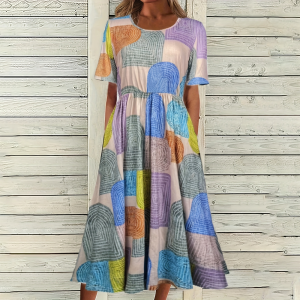 2026 New Arrival Womens Bohemian Printed Maxi Dress Summer European & American Style Crew Neck Short Sleeve