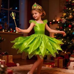 Girl ’s Tinker Bell Fairy Dress 2025 Kids Fantasy Forest Elf Cosplay Costume Kids Green Leaf Glitter Gowns Christmas Outfits