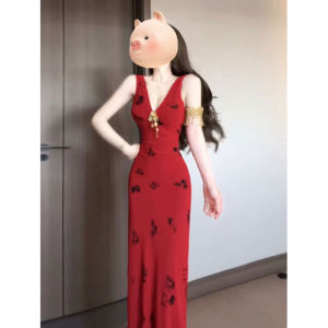 CHANGTONG | Elegant Red V-neck Strap Dress French Style Unique Beautiful Lady Wind Long Tight Bodycon Skirt Spring Season High Waist H-line