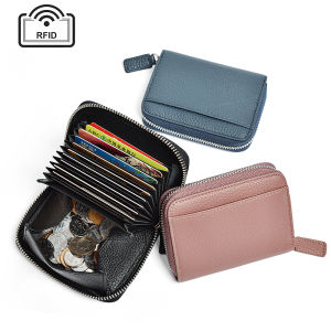 Genuine Leather Japanese Style Organ Card Purse for Women RFID Anti-theft ID Card Holder Key Coin Pouch Zipper Credit Cards Wallet