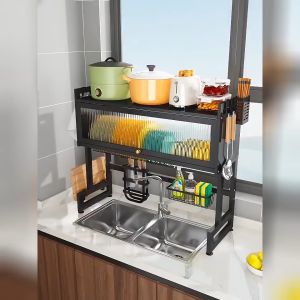 ACTIVEONE 85cm/95cm/105cm Kitchen Sink Rack With Cabinet Door Rack Knife Storage Dustproof Dish Shelf - Fulfilled by ACTIVEONE
