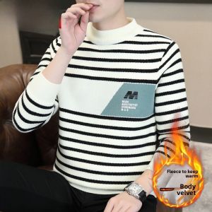 HENGYUANXIANG | Hengyuanxiang Mens Knitted Sweater With Stripe Design Fleece Lined Casual Half High Collar Winter Warm Base Layer Shirt