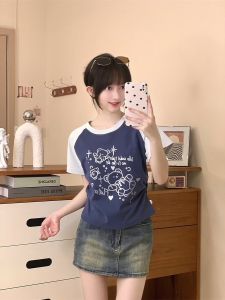 เสื้อยืดแขนสั้นผู้หญิงสไตล์เกาหลี ทรงเข้ารูป ลายหมีน่ารัก ดีไซน์เก๋ไก๋ ทรงเข้ารูป ทรงเข้ารูป แขนสั้น คอกลม