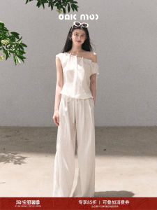 Lyracell Linen Draped Shoulder Blouse Wide Leg Pants Set
