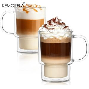 450ML Double Wall Glass Mug With Handle 1/2PCS Transparent Heat Resistant Borosilicate Cup for Tea Cappuccino Juice Hot Beverage